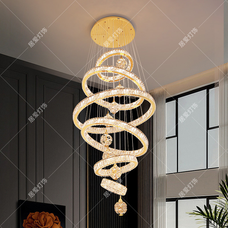 轻奢别墅复式楼大吊灯客厅灯2025年新款挑空水晶灯圆形楼梯长吊灯