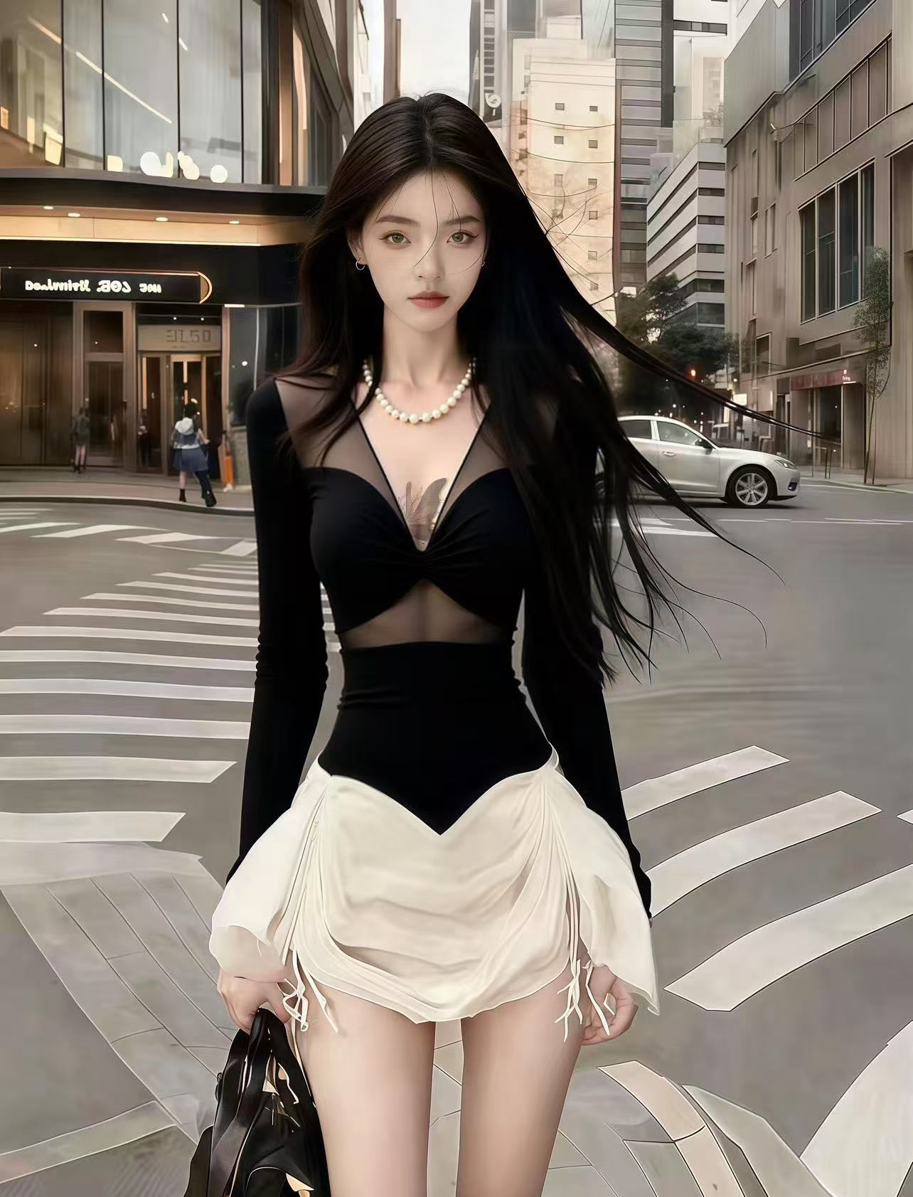 韩版辣妹黑色V领网纱拼接微透长袖连衣裙【下裙为抽绳需自行调整】
