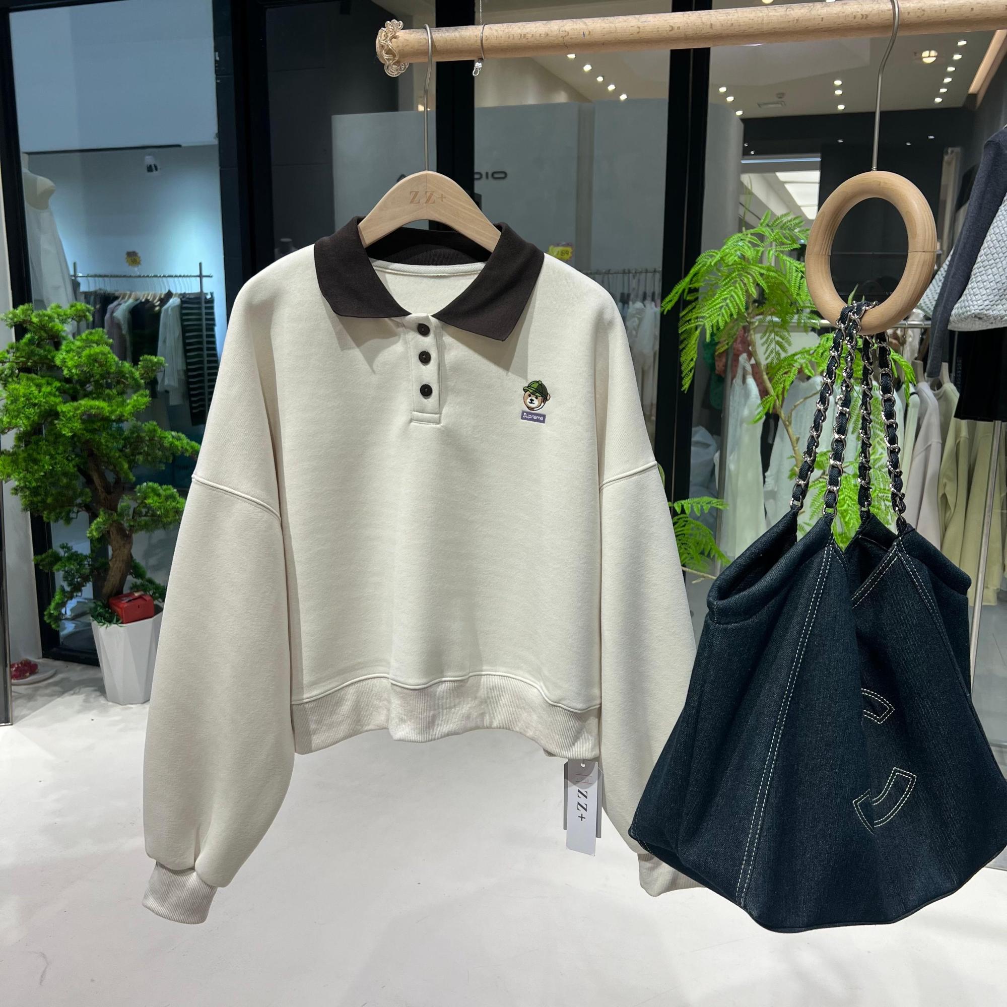 5708东大门秋季新款刺绣小熊Polo领美拉德卫衣