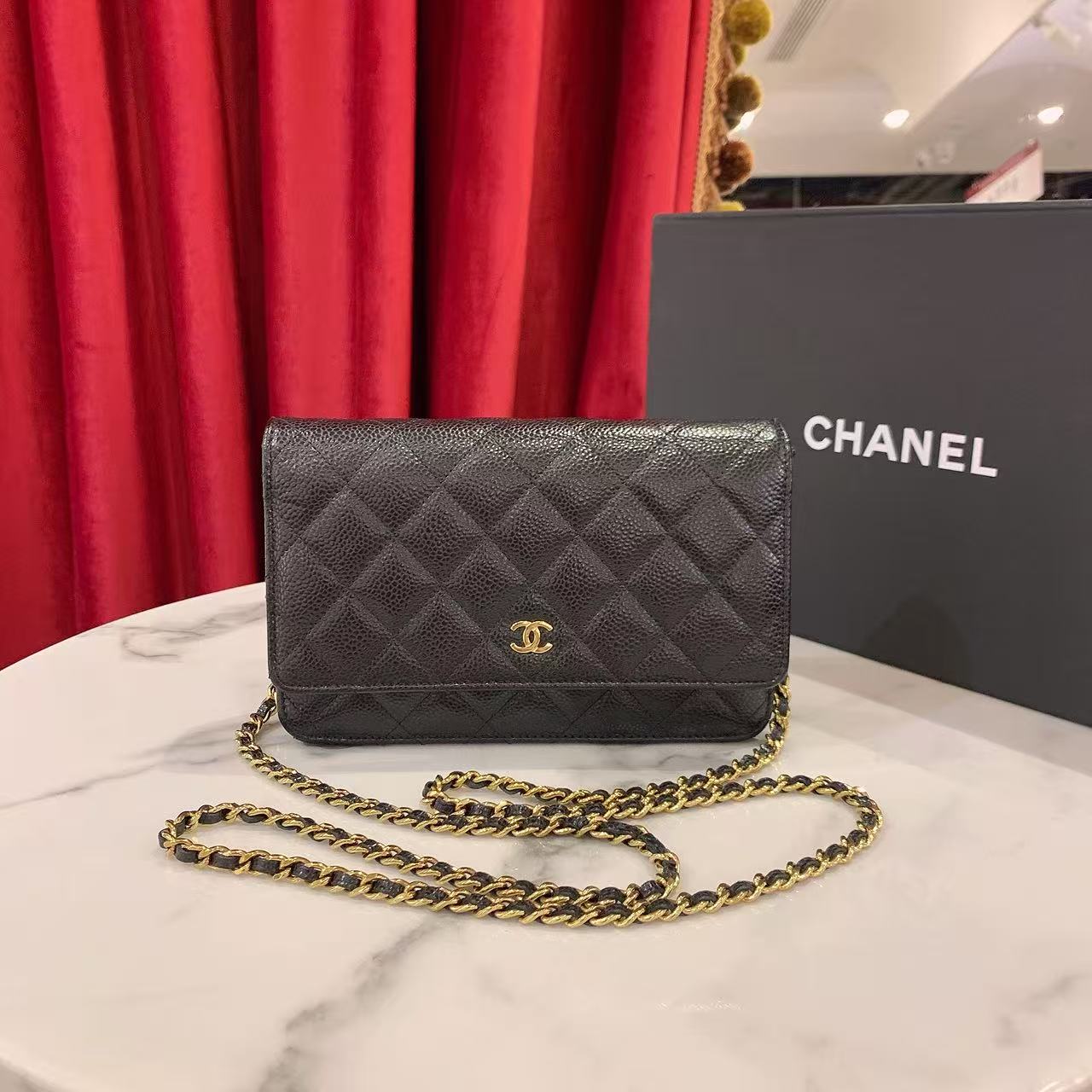 99新 Chanel/香奈儿 GGS发财woc黑金荔枝牛皮芯片款49836159