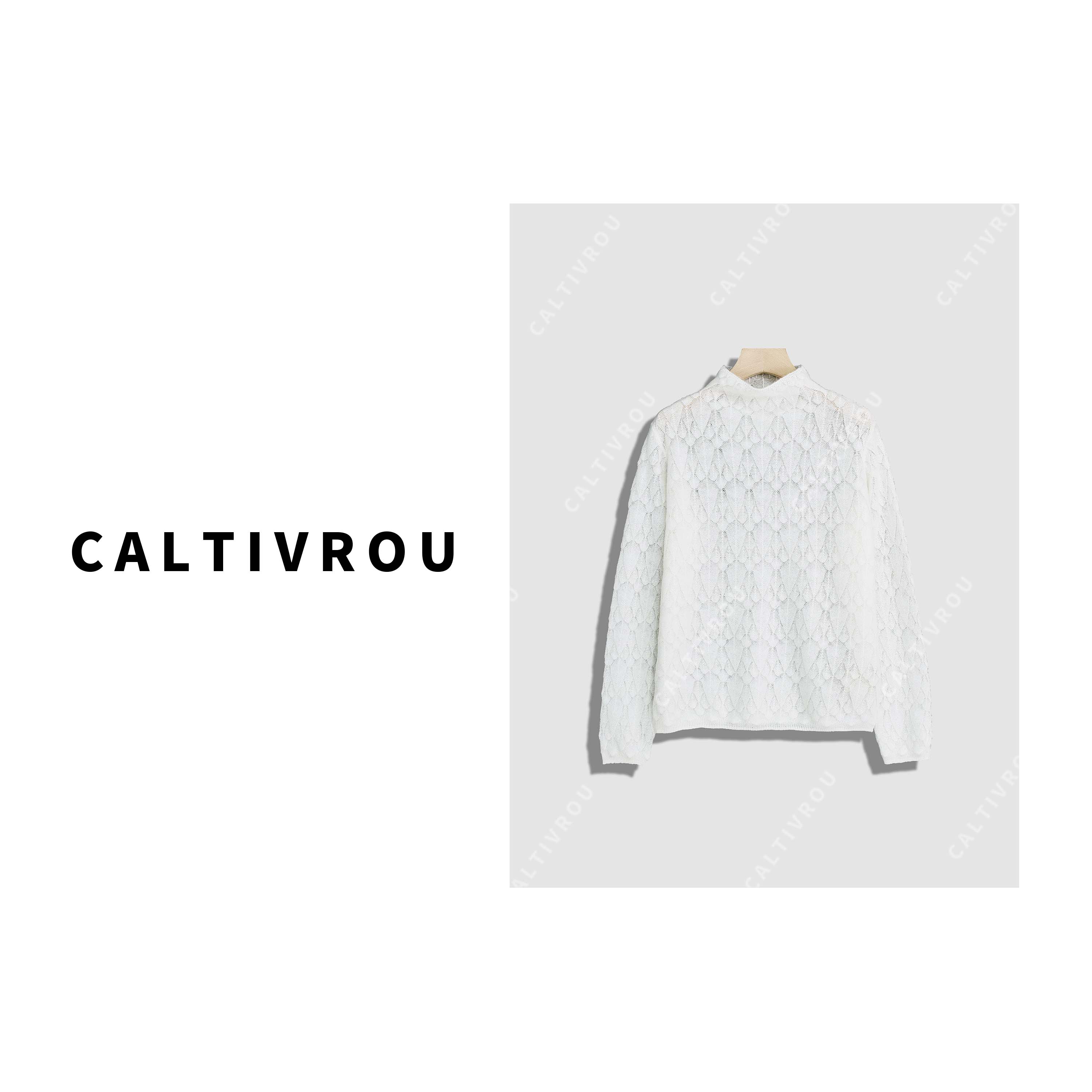 Caltivrou镂空钩花半高领软糯针织衫-Y19142