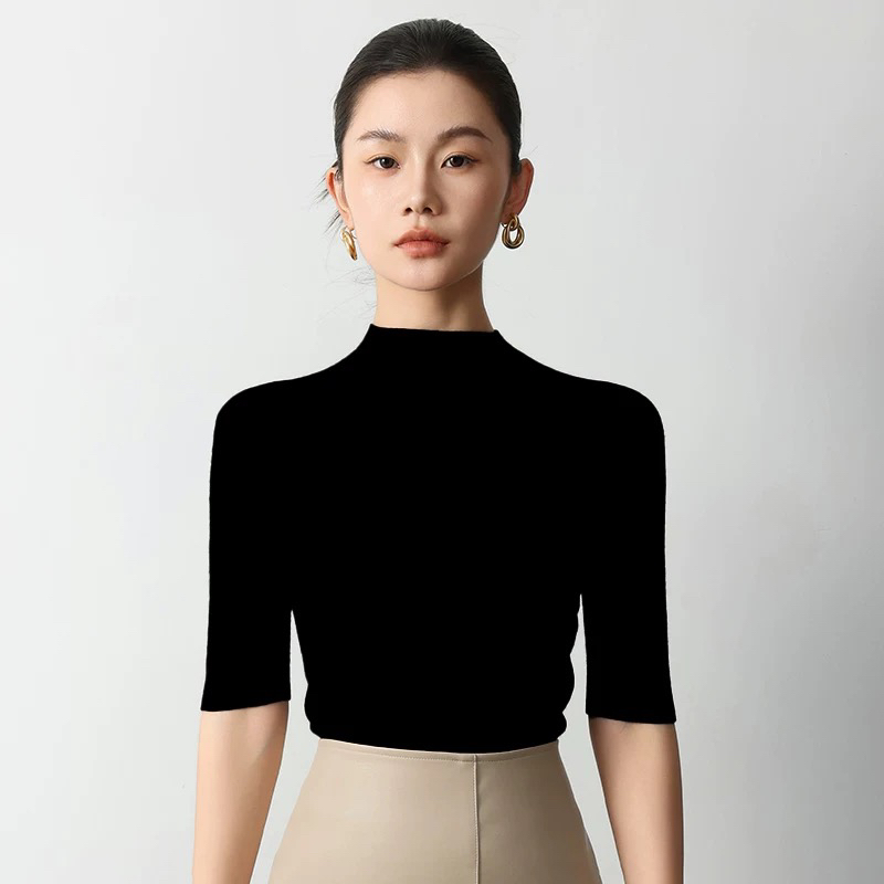 精纺扬子纱无缝100羊毛衫女半高领短袖修身针织半袖打底衫zw25105