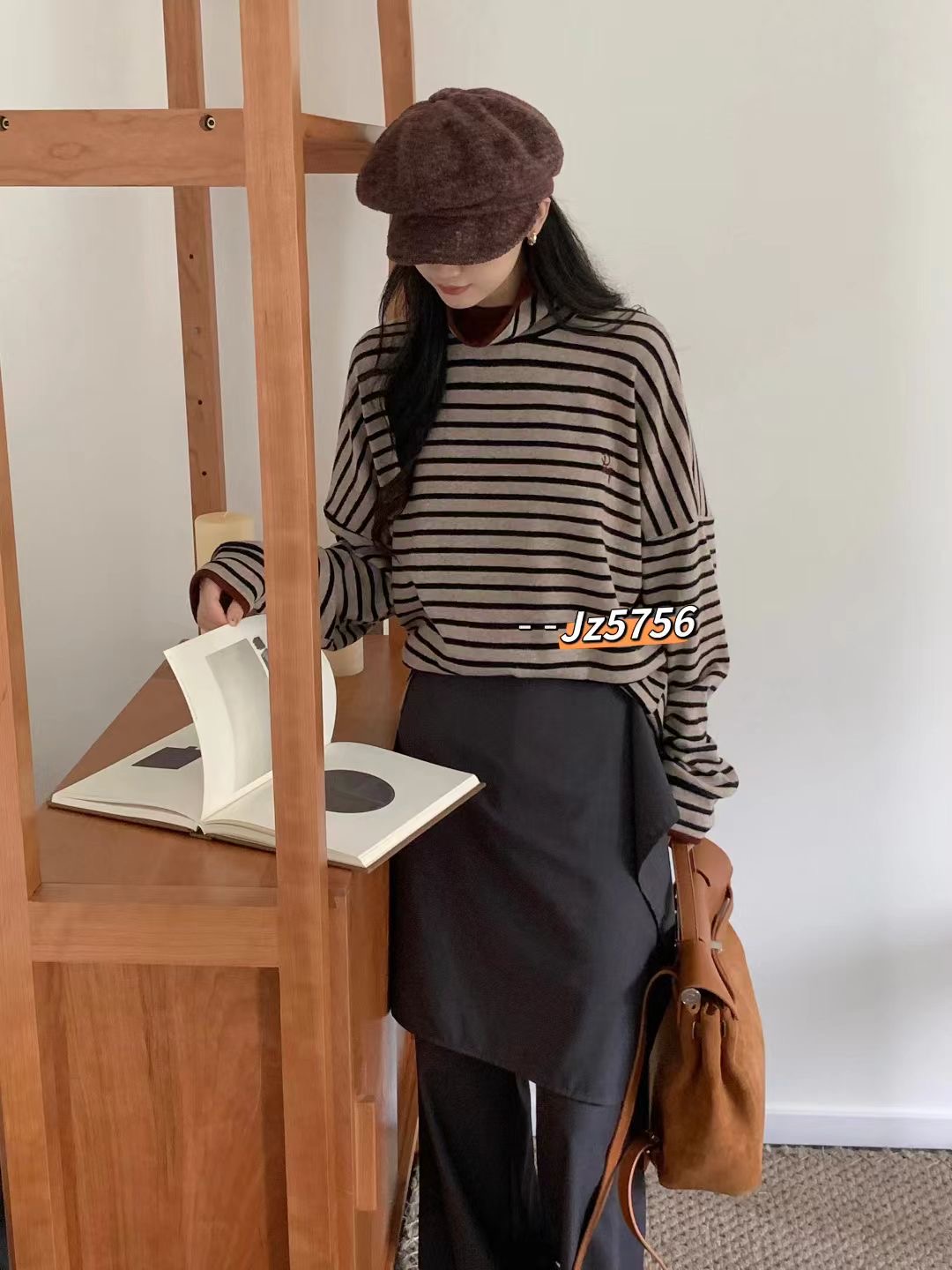 【红色边条纹】韩系气质百搭显瘦花边半高领堆堆领打底衫秋冬T恤