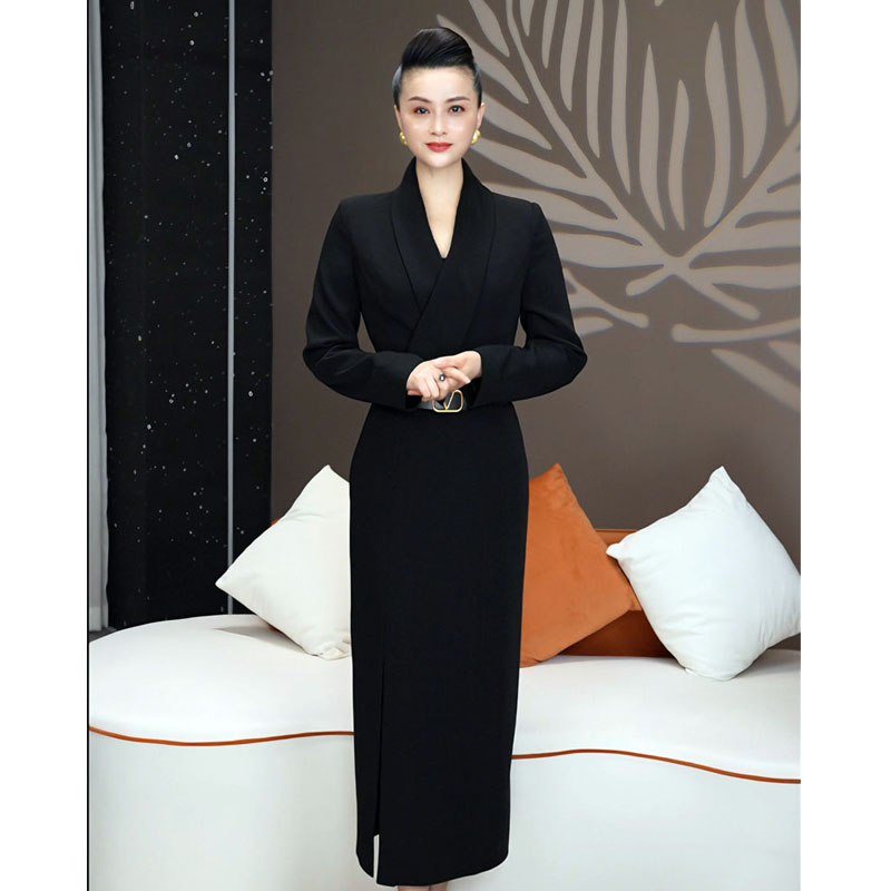 送一条波点丝巾 设计师黑色长款轻奢气质连衣裙qun-17