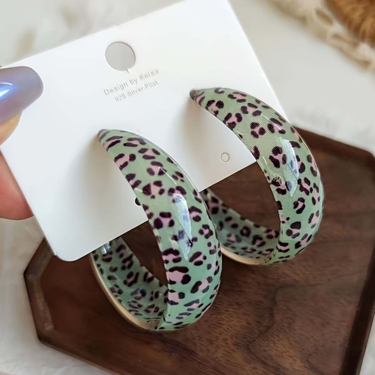 合金非金属亚克力耳饰 绿色豹纹圆圈耳环甜酷风古早韩妹复古港风