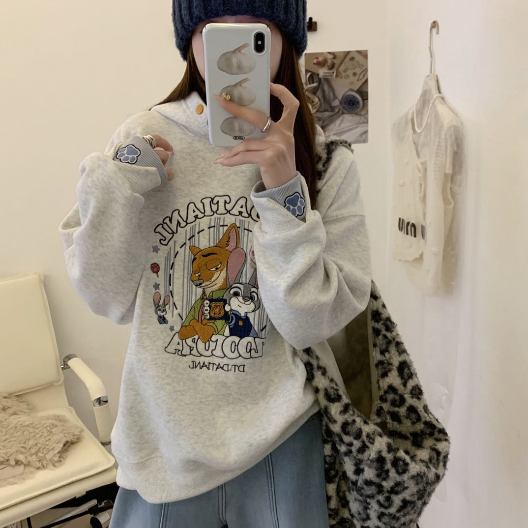 3765朱迪尼克疯狂动物城刺绣加绒加厚连帽卫衣女套头宽松长袖卫衣