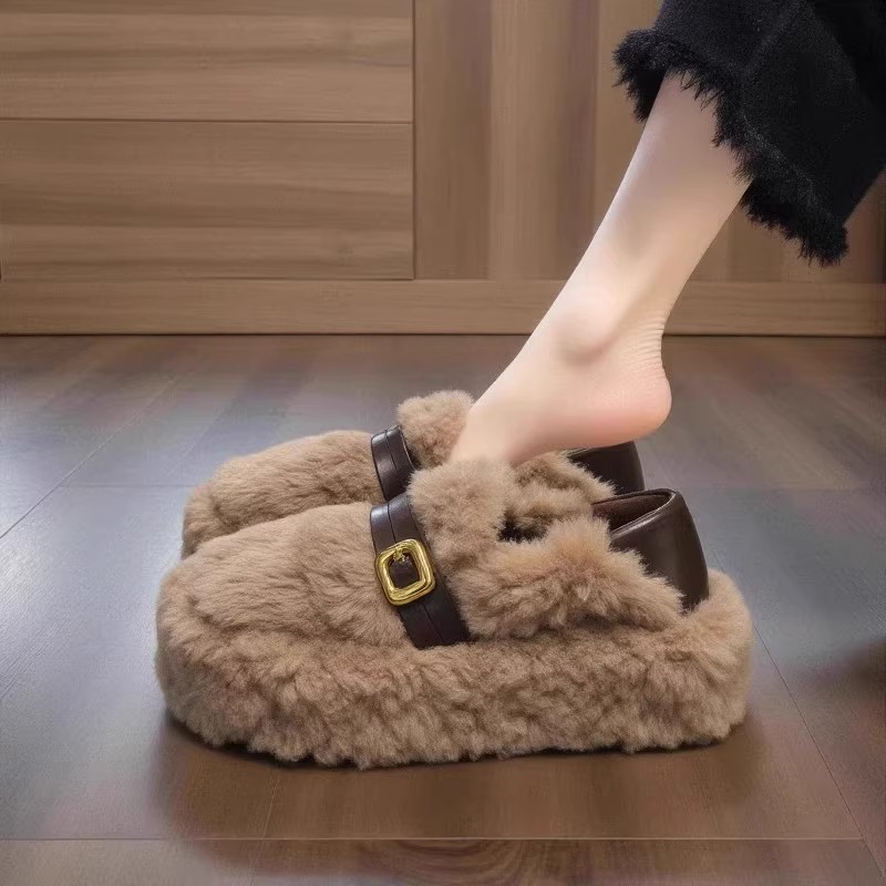 两穿毛毛鞋女2026年新款秋冬季厚底增高皮带扣加绒保暖一脚蹬棉鞋