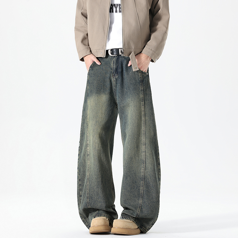 美式复古水洗做旧弯刀裤男女高街痞帅百搭直筒宽松阔腿牛仔裤潮流