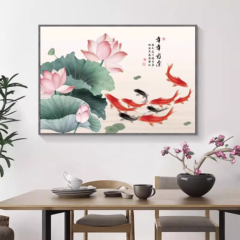 新中式餐厅装饰画饭厅餐桌挂画荷花横版客厅墙壁画饭桌玄关九鱼图