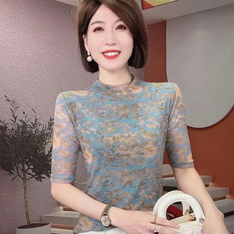 高档网纱碎花打底小衫女款中袖2025夏季新款时尚显瘦高级感上衣潮