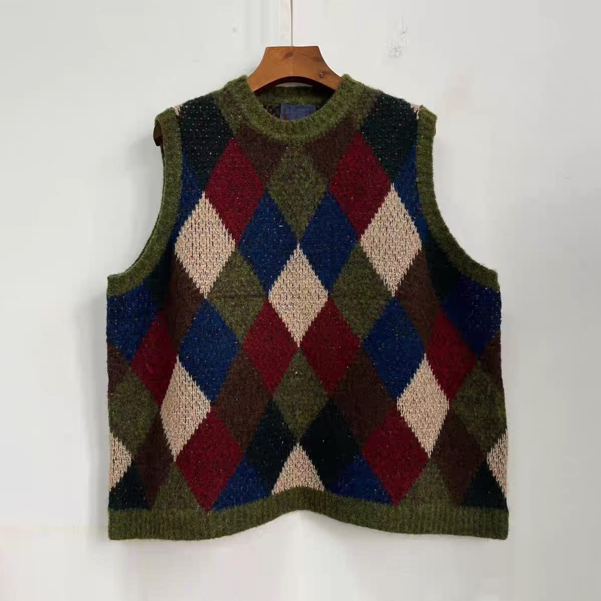 351265 羊毛混纺圆领领菱格针织背心（可两面穿）荼