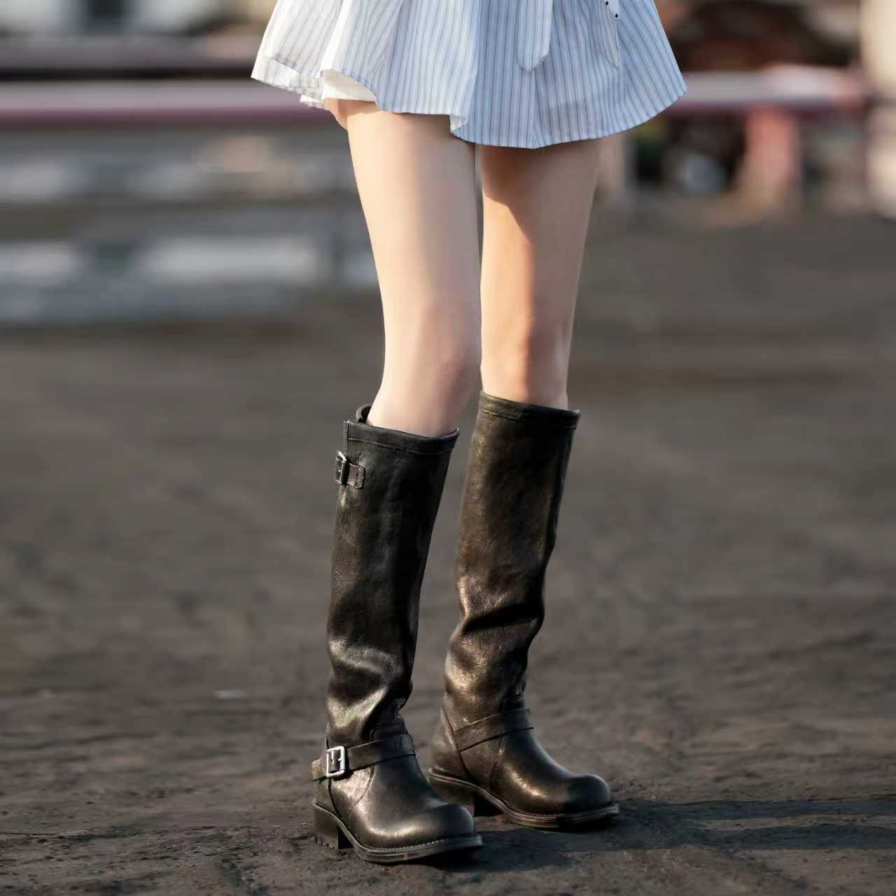 【小刚懂鞋】复古时装靴子女长筒靴秋冬新款高筒小个子骑士靴8062-H