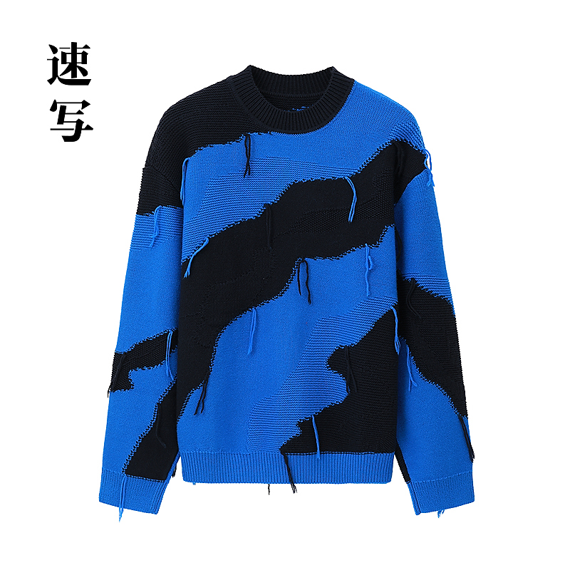 速写男装冬毛衫拼色宽松男撞色红色系复古时尚吸睛休闲9NB313240