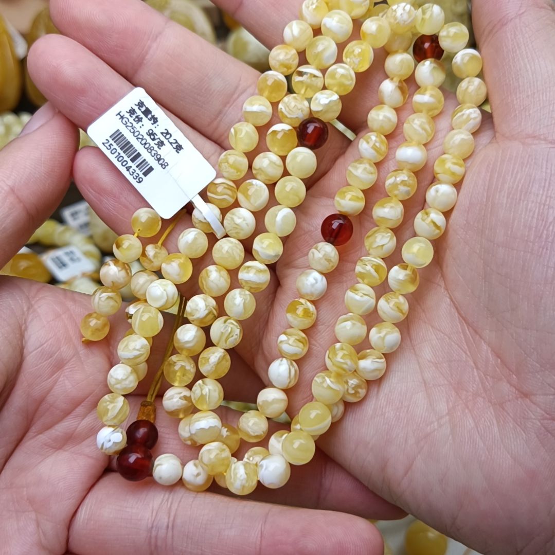 蜜蜡颈饰未镶嵌6圆珠108金瓷白溶洞虎皮纹