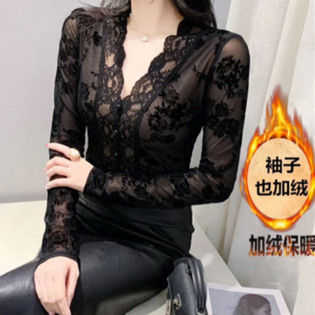 5秋冬加绒轻熟御姐植绒V领百搭显瘦上衣打底上衣黑色蕾丝打底衫