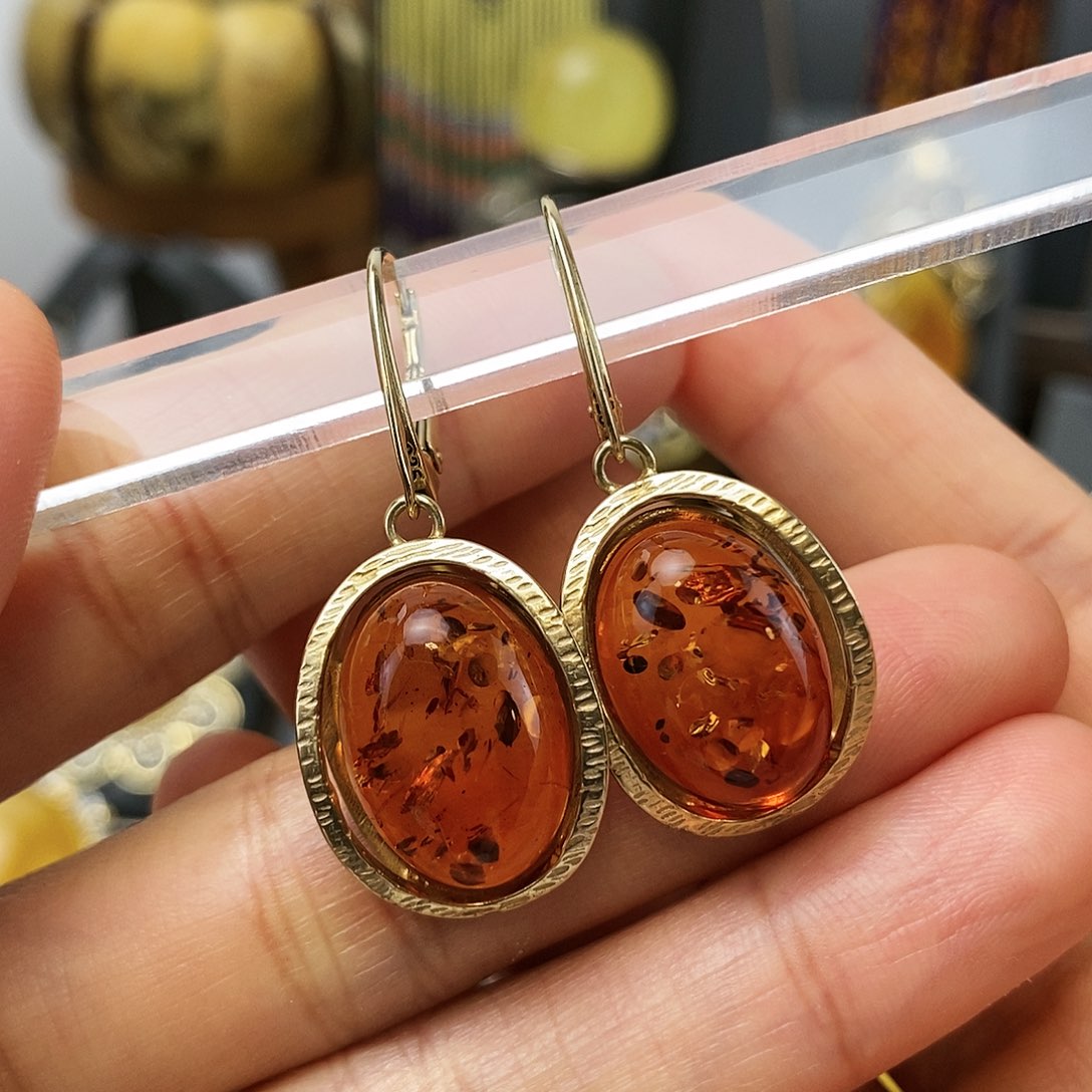 琥珀裸石银S925镶嵌耳环