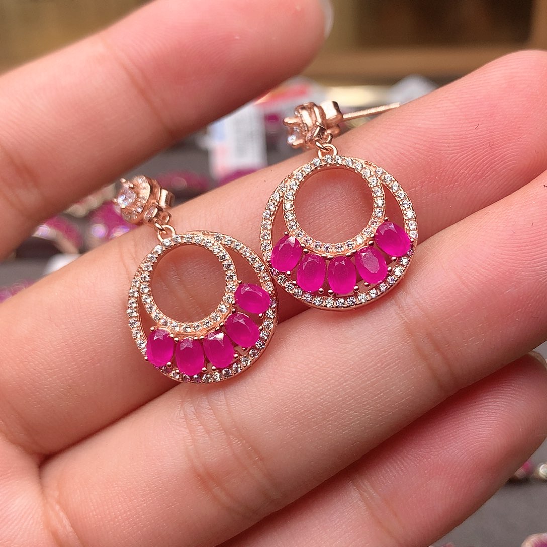 红宝石耳饰银S925镶嵌