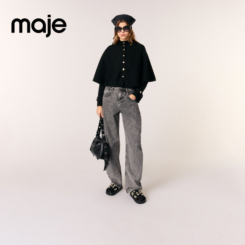 暖系穿搭|Maje2025黑色半高领长袖披肩款针织开衫MFPCA00566