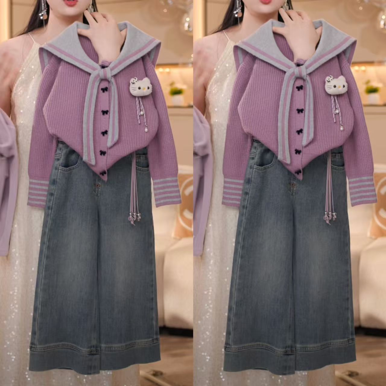 女童春秋季套装2025新款儿童针织开衫牛仔裤中大童秋装时髦两件套