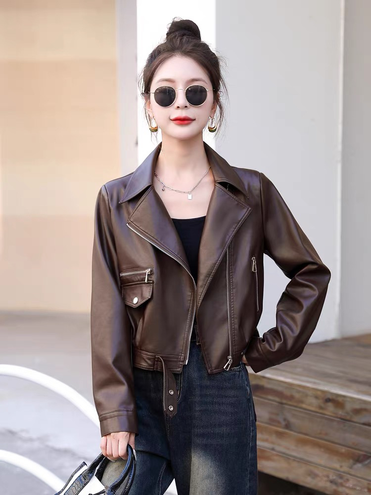2025新款春秋爆款皮衣外套女款短款机车棕色小个子高级感pu皮夹克