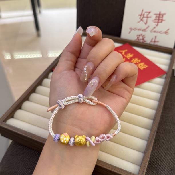 足金999草莓熊系列手工编绳手绳黄金礼物小众满分黄金礼物