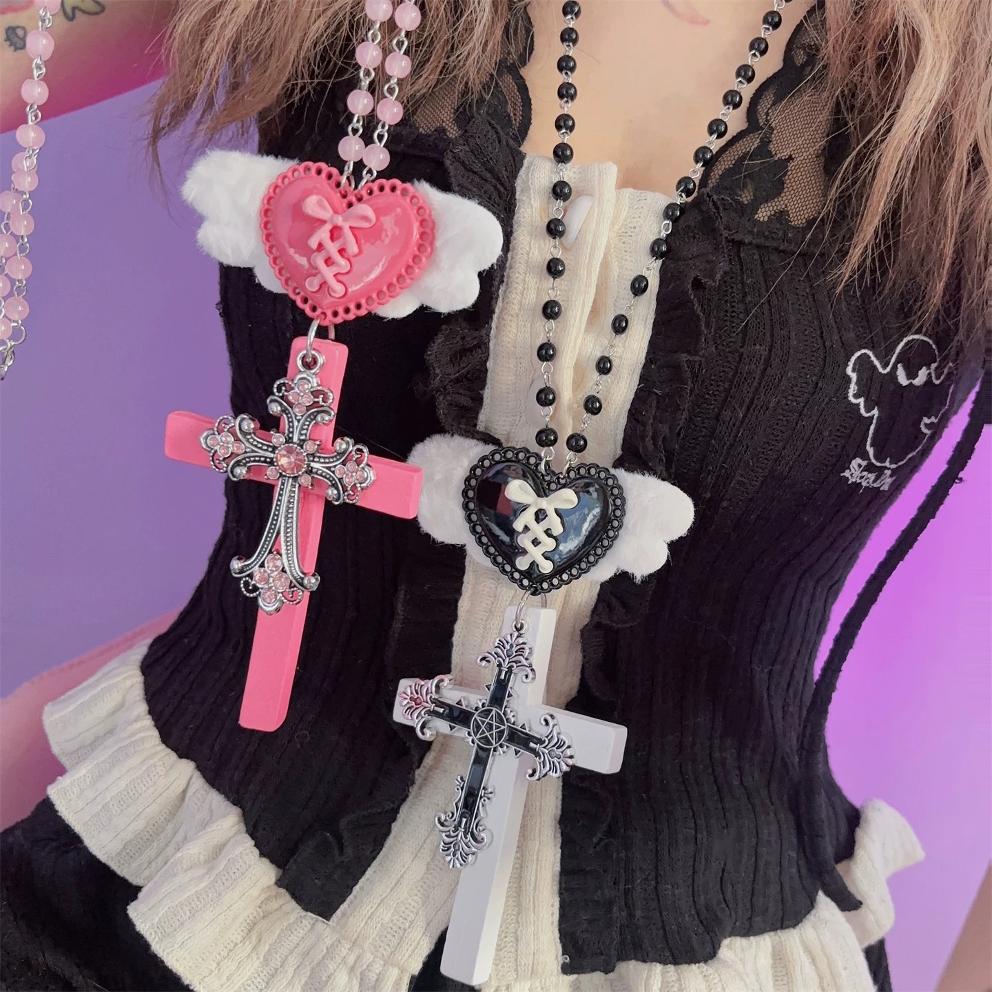 非金属仿水晶项链 甜酷风爱心十字架项链女个性Y2K辣妹时尚毛衣链