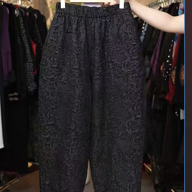 (F)235#1489-黑色秋冬厚款朵朵提花中国风-F/百搭休闲长裤