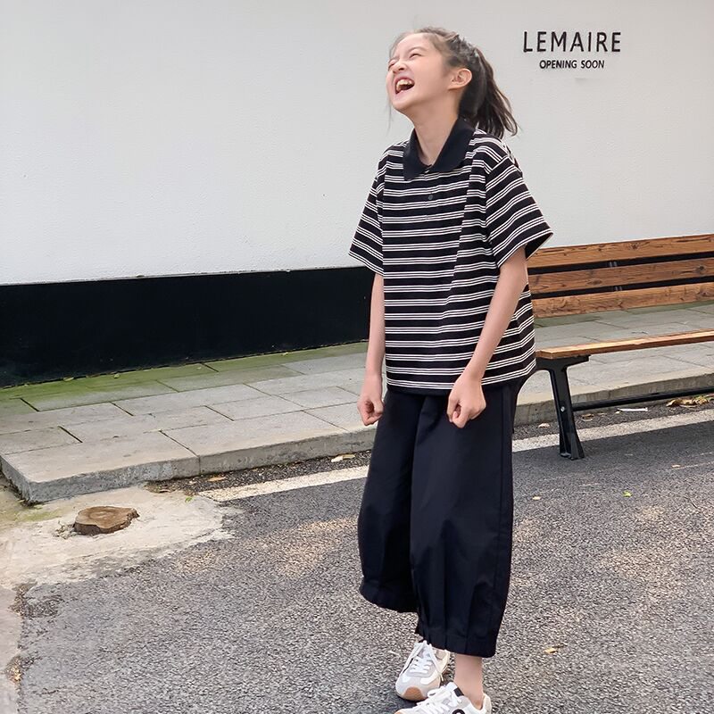 【后背蕾丝】西西家女童2025夏新款翻领条纹短袖T恤儿童polo衫JX407