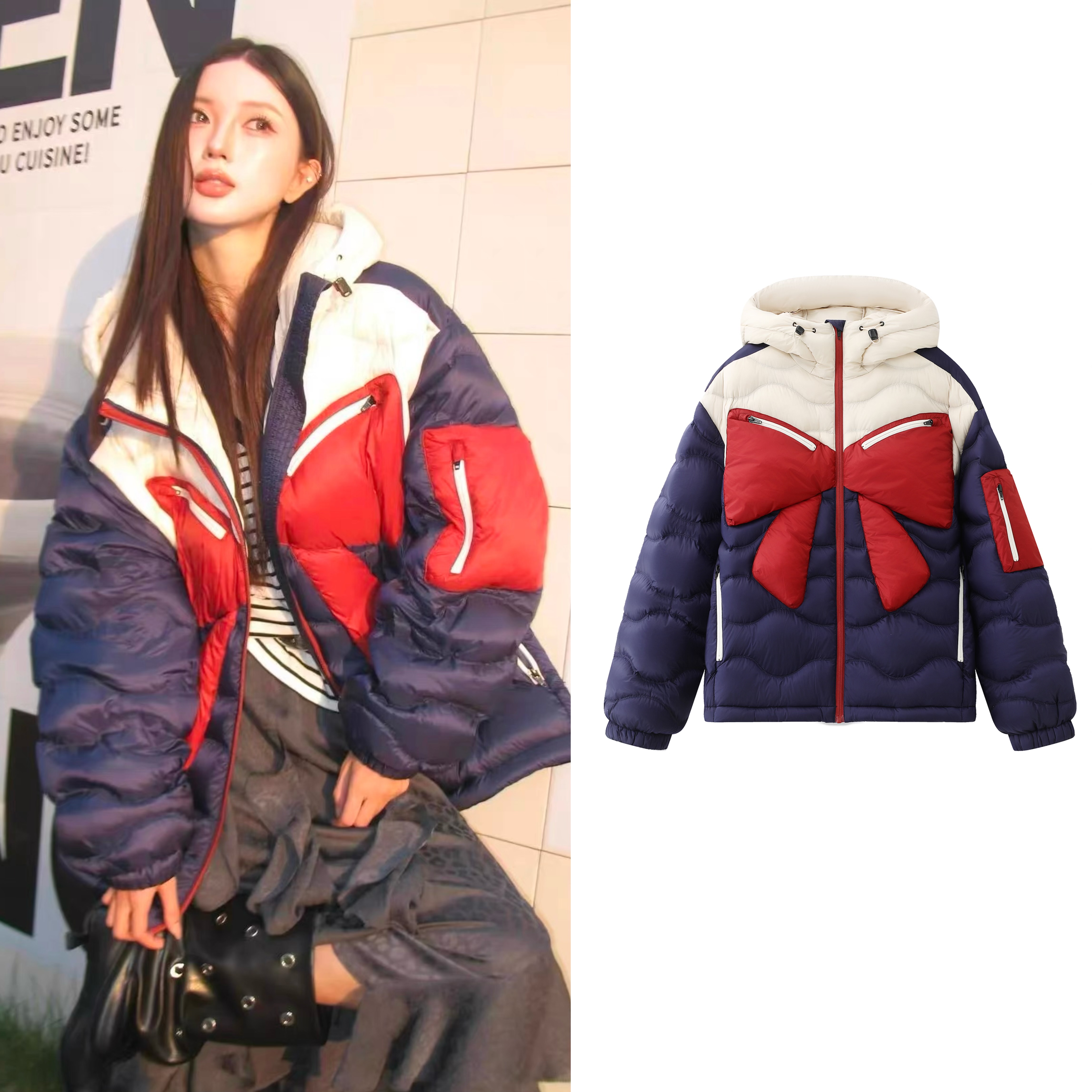 冬季新款设计感宽松显瘦蝴蝶结户外连帽羽绒服外套女