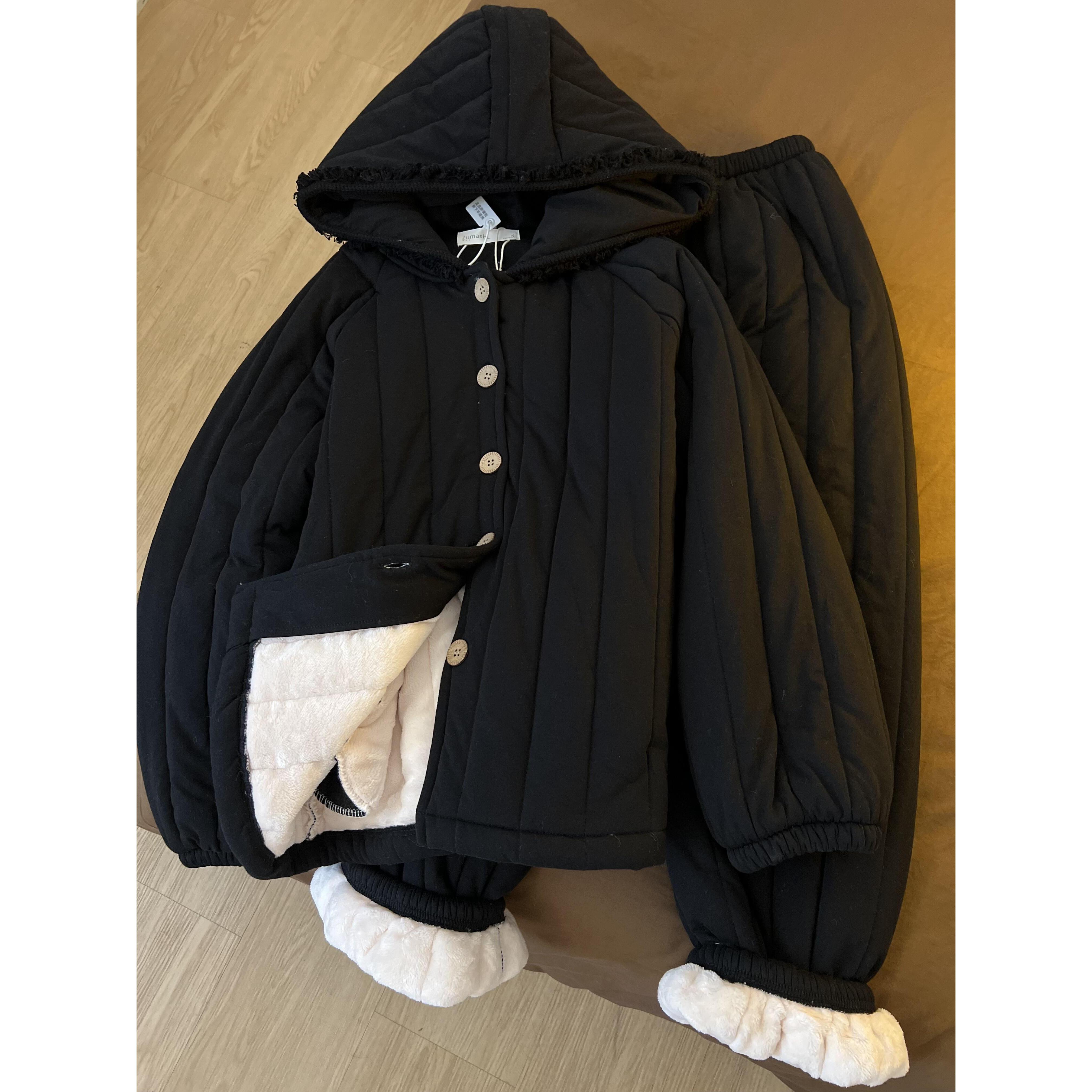 韩版三层夹棉睡衣女秋冬新款加厚黑色连帽棉服外套保暖家居服套装