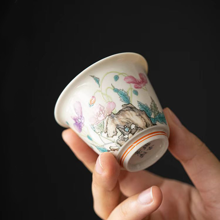 粉彩扒花草木灰品茗杯 45ml仿古泥茶杯 功夫茶具茶盏文人品茶单杯