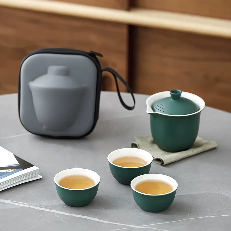JK3079户外便携快客杯旅行功夫茶具套装高档陶瓷泡茶杯一壶三杯