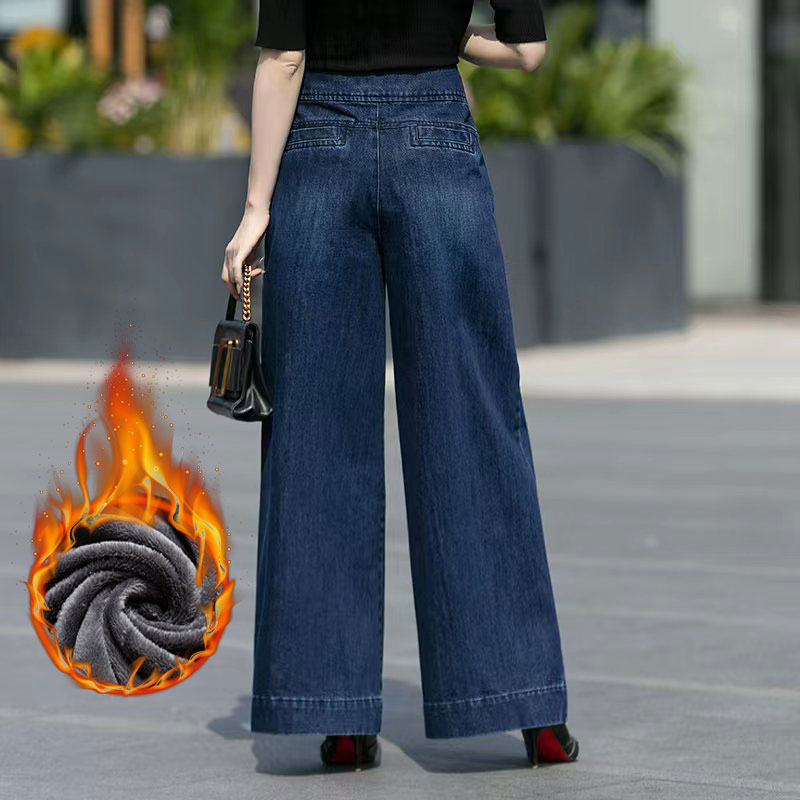加绒新款高腰大码女裤牛仔阔腿裤女秋冬直筒显瘦九分小个子阔腿裤