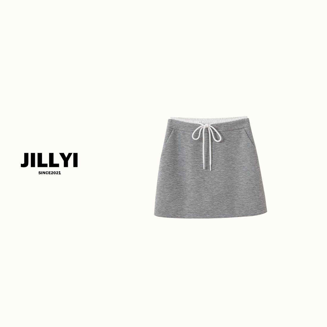 JILLYI珠海店【香草浅灰】灰色高腰绑带工艺休闲简约半身裙夏季百搭