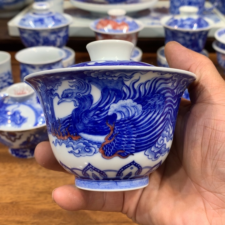 自成堂柴窑青花龙凤盖碗