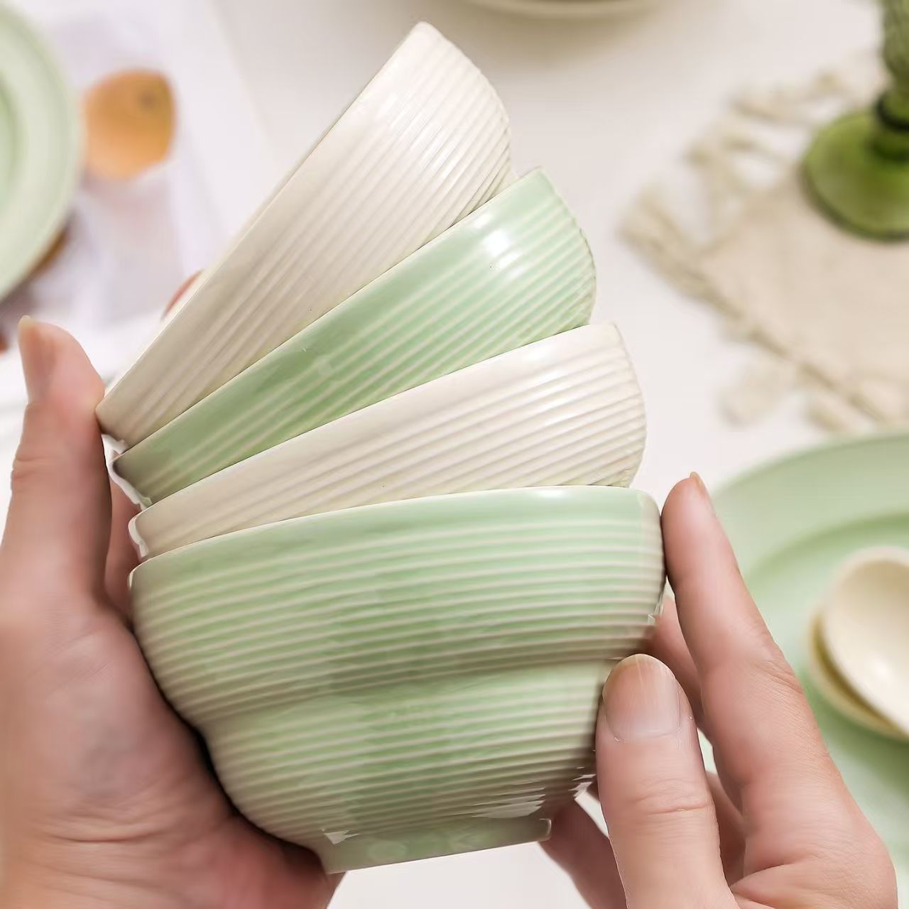 10支装！拉丝葫芦碗色釉清新绿4.5英寸米饭碗釉下彩售后联系客服