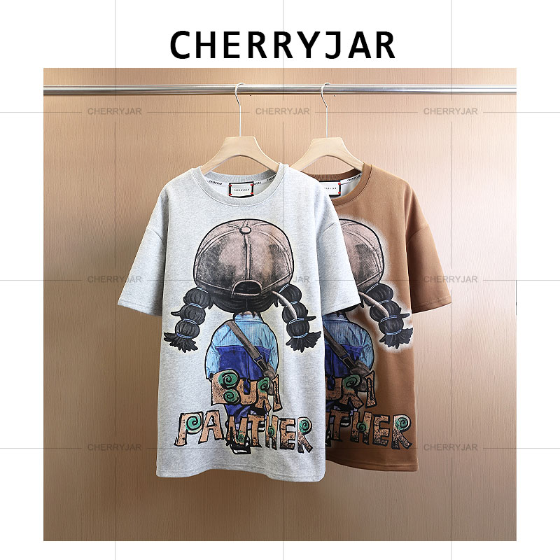 Cherryjar【25118】时尚休闲卡通小女孩印花短袖宽松潮流个性