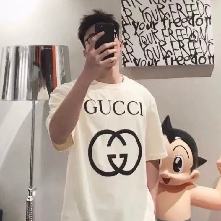 未使用 GUCCI/古驰 互扣logo印花短袖T恤米黄色