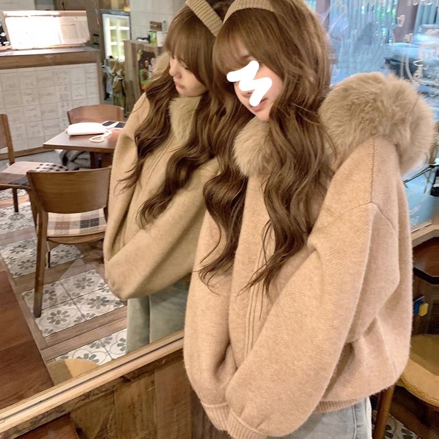 大毛领毛衣开衫外套女秋冬宽松显瘦软糯针织衫