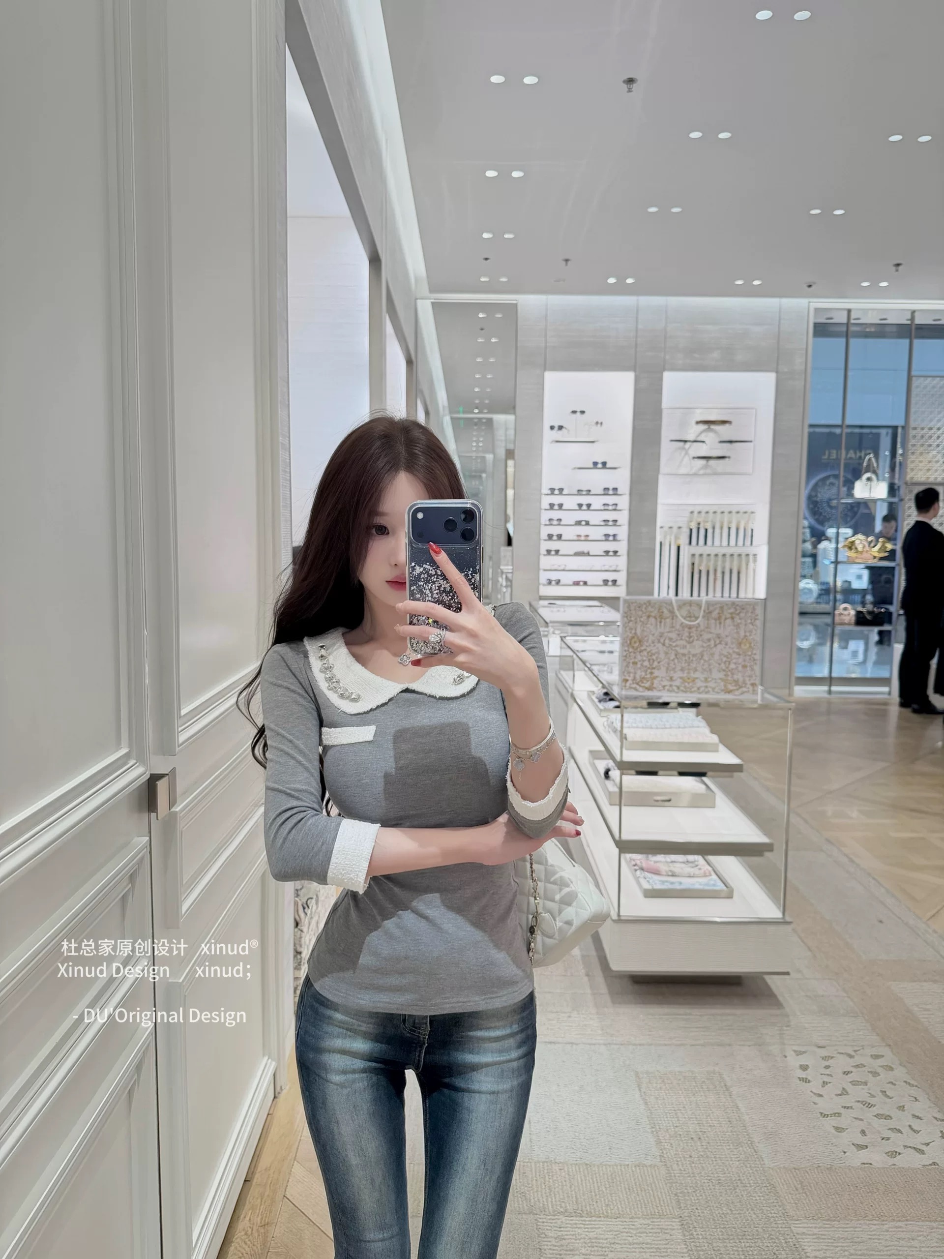 现 知世小姐 彼得潘领拼接水钻链条小香风乖乖女中袖上衣#8427