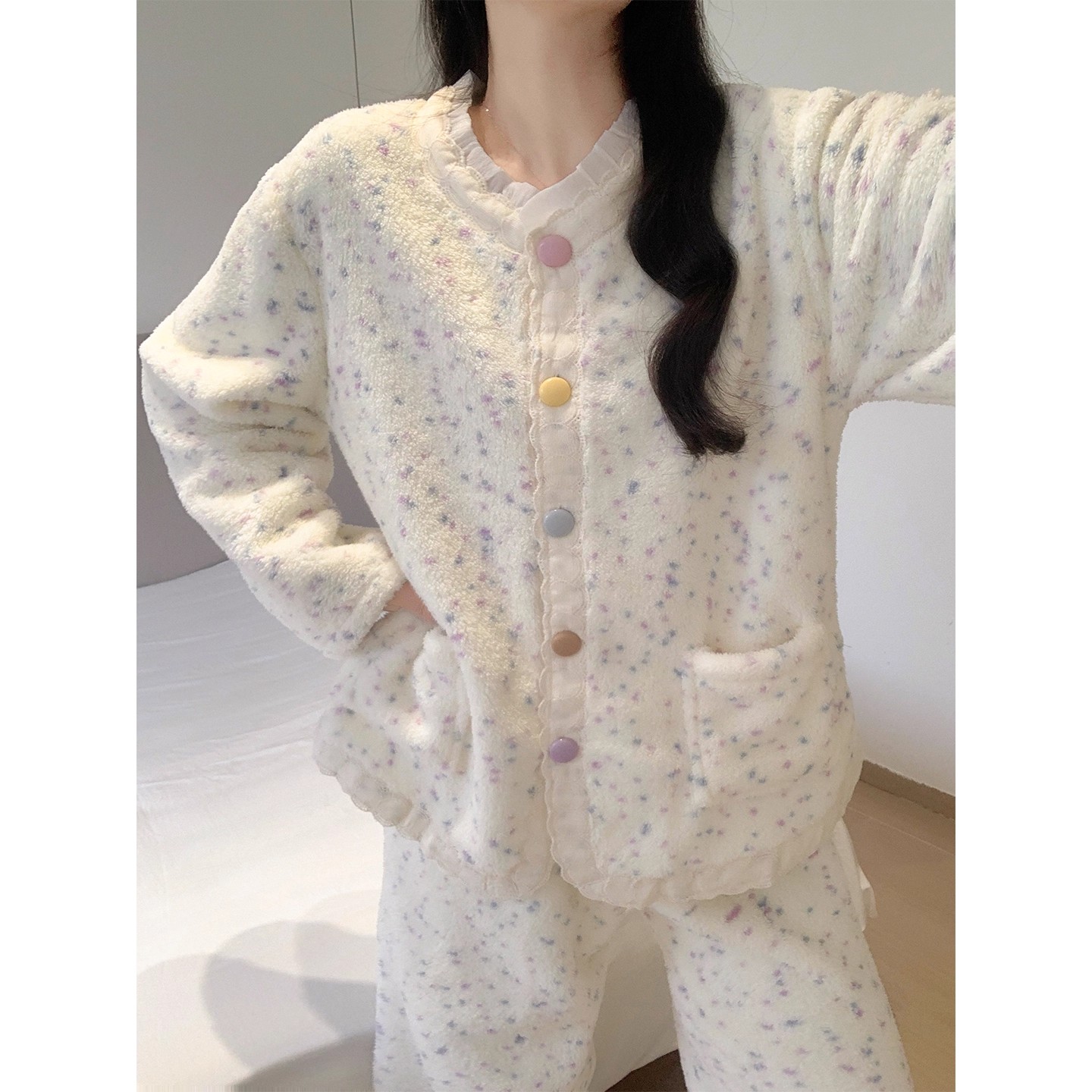 半边绒睡衣女秋冬季珊瑚绒加厚加绒日系花边高级感外穿家居服套装