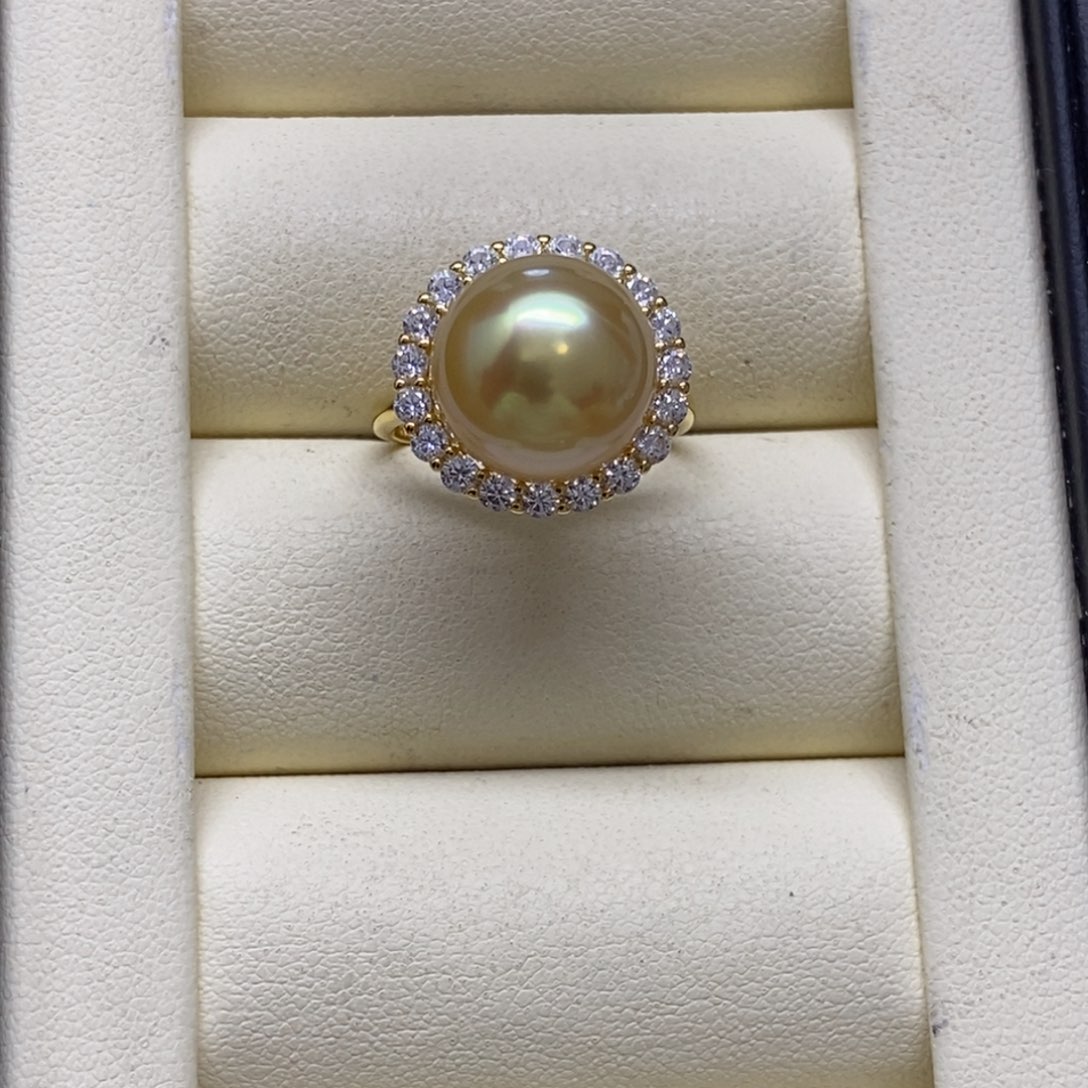 银S925镶嵌戒圈海水珍珠金珠极光戒指12-13m m