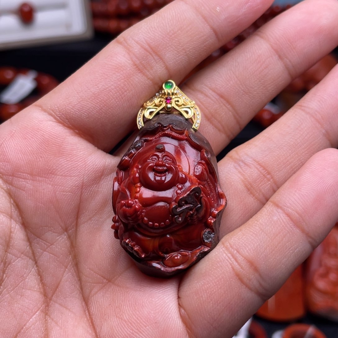 南红玛瑙珠宝奇石18K金镶嵌惊**汐吊坠
