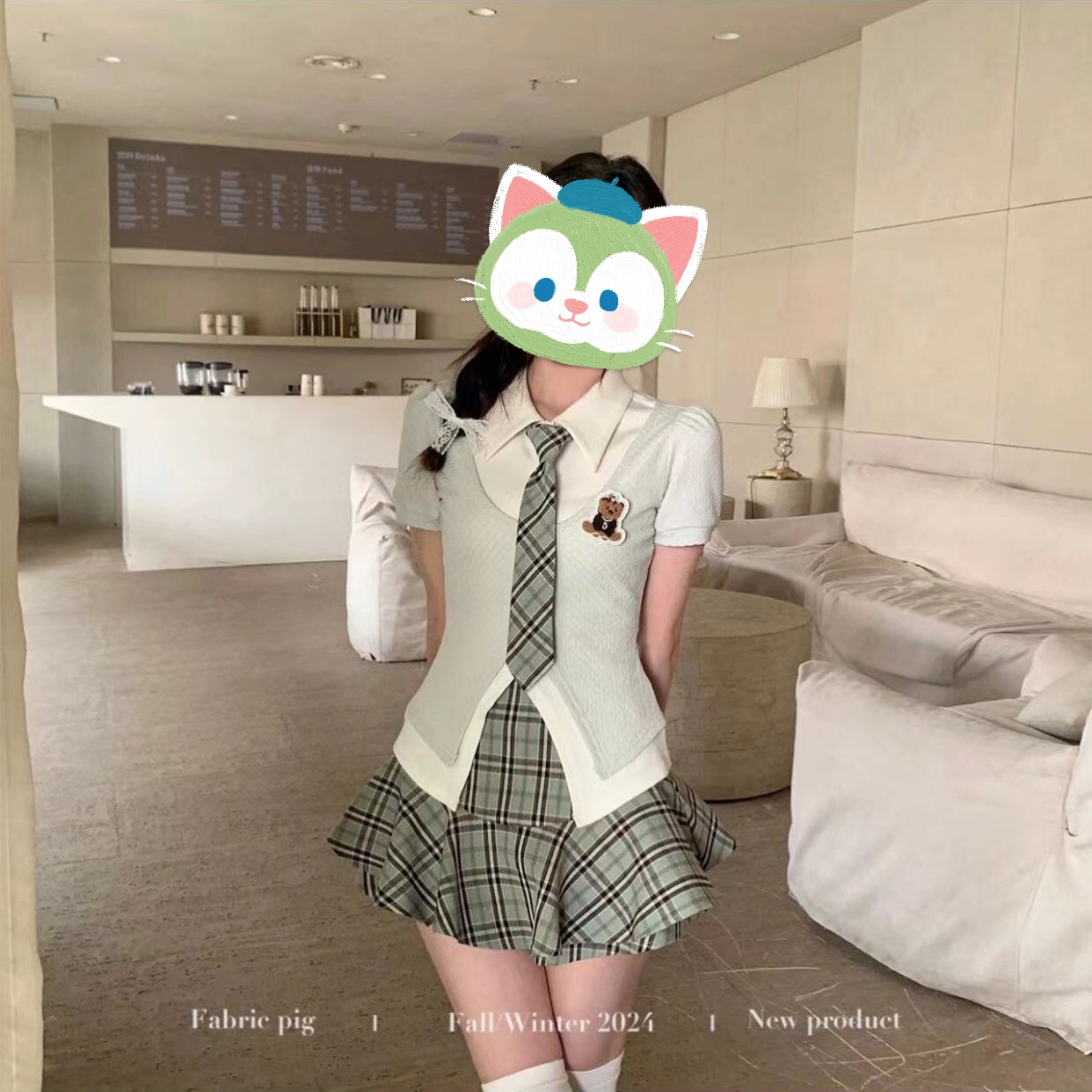 【薄荷汽水】2025新款学院风上衣收腰格子短裙两件套女装开春一整套