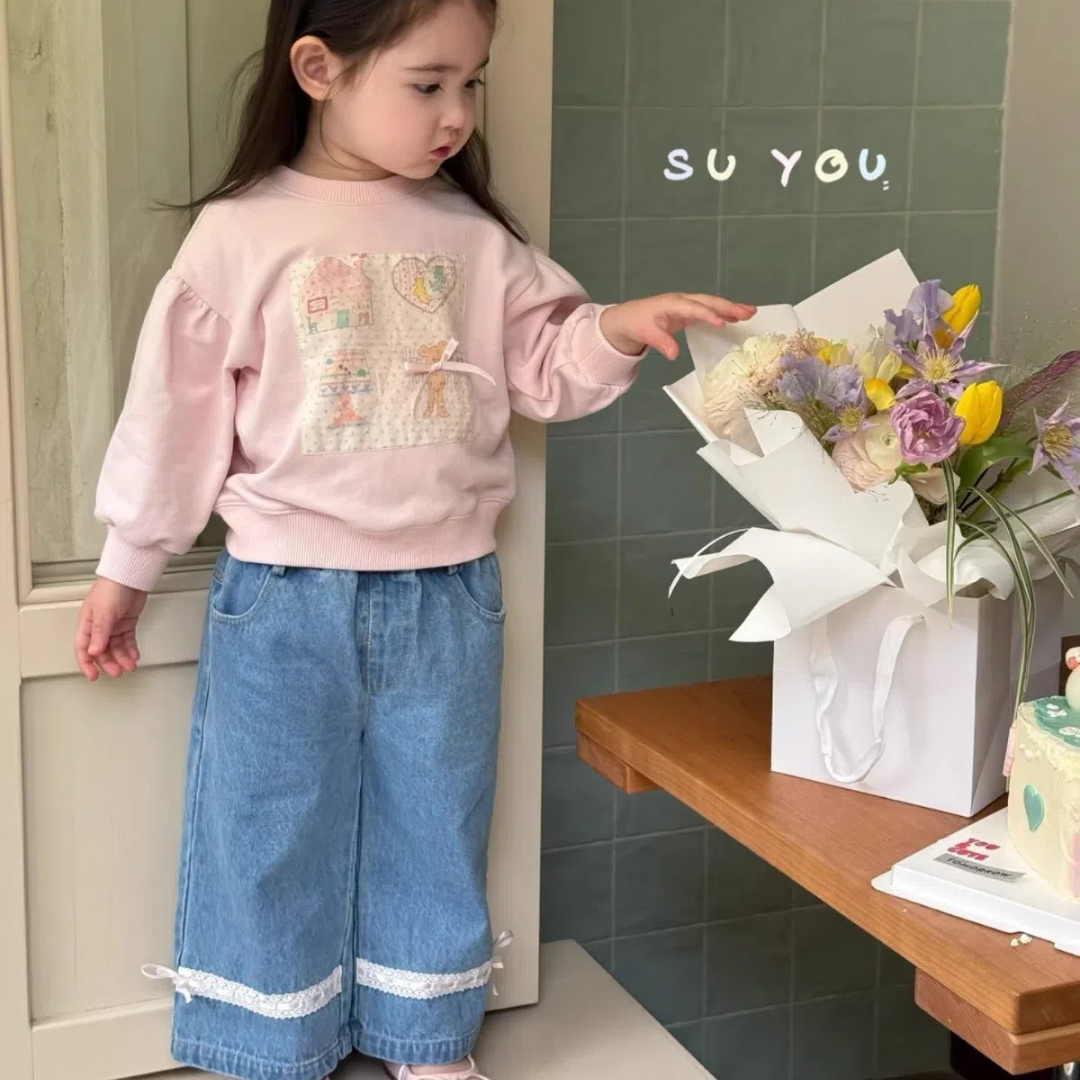 52015春季新款女童小童韩版卡通贴布卫衣花边牛仔直筒长裤两件套