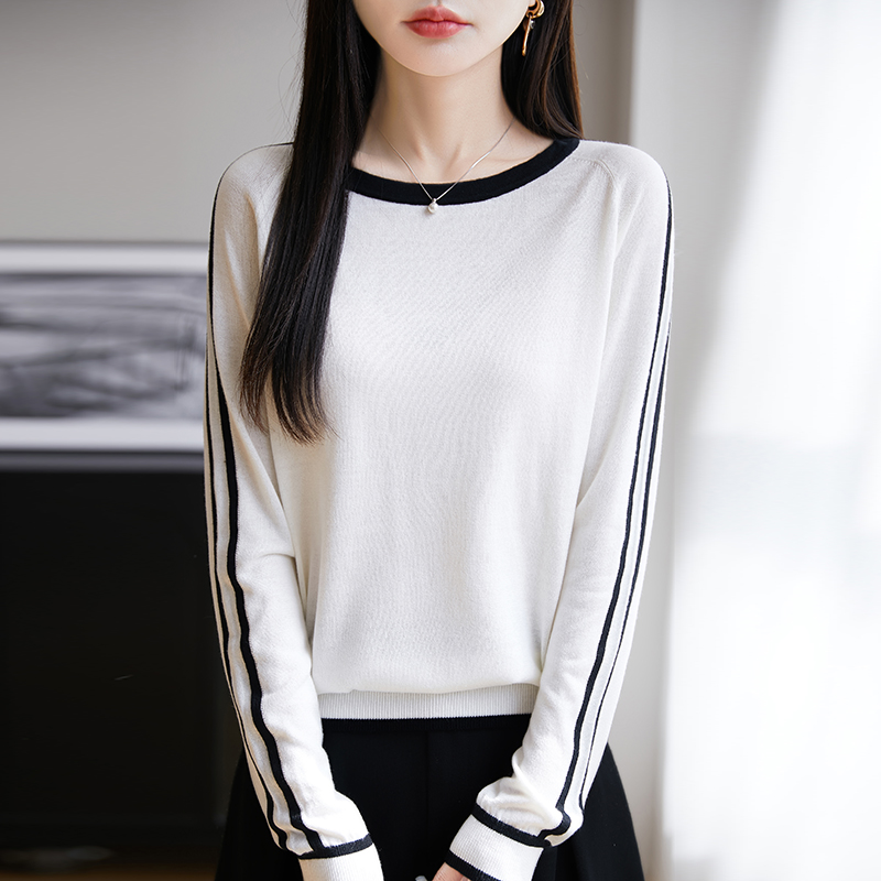 薄款莱赛尔天丝桑蚕丝羊毛精纺细纱插肩袖圆领拼色针织衫上衣女