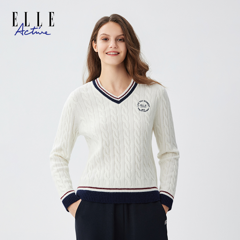 ELLE Active【含绵羊毛】绞花V领毛衣女时尚撞色套头长袖上衣老钱风