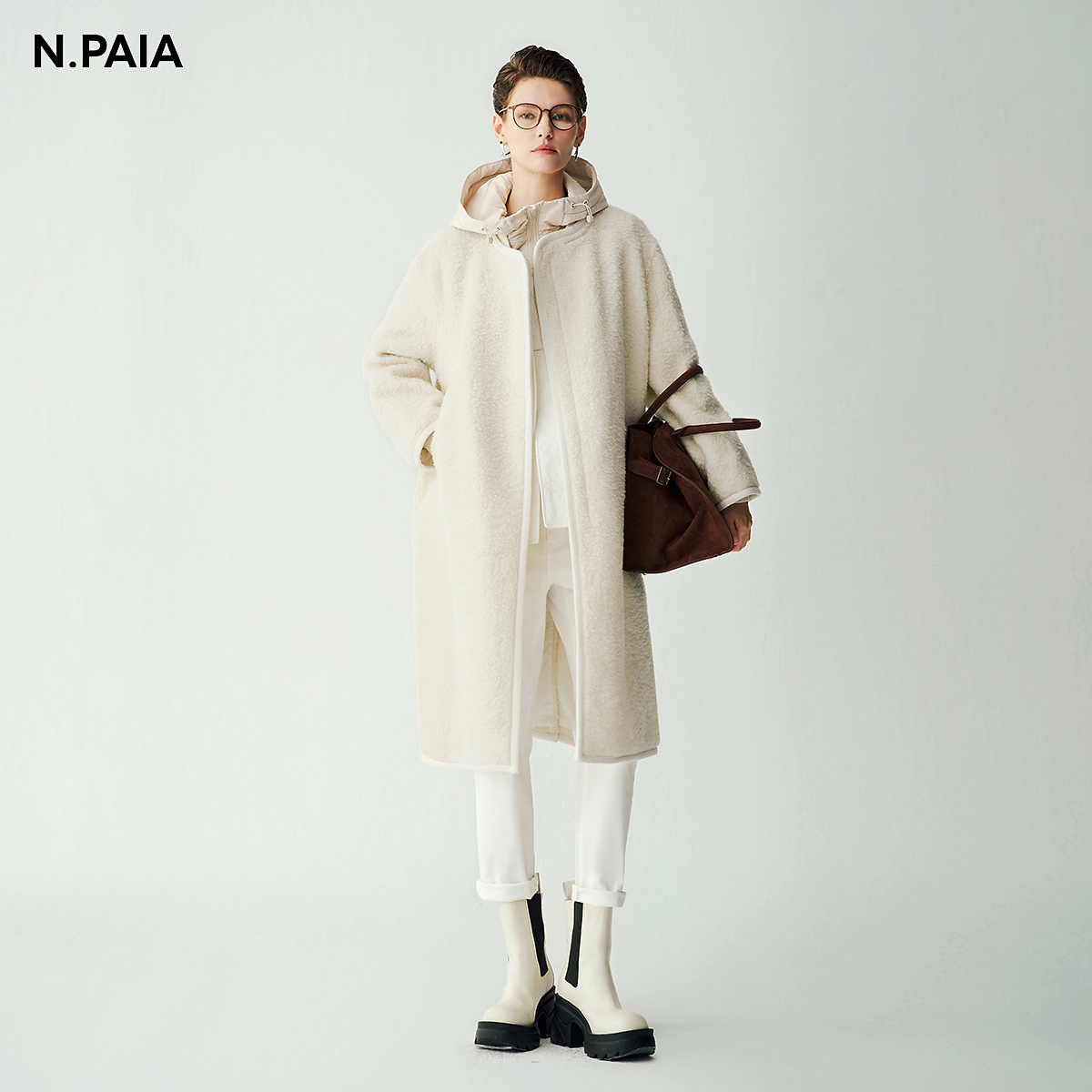 恩派雅秋新款颗粒牦牛绒简练廓形中长款毛呢外套女XNJIR8314A