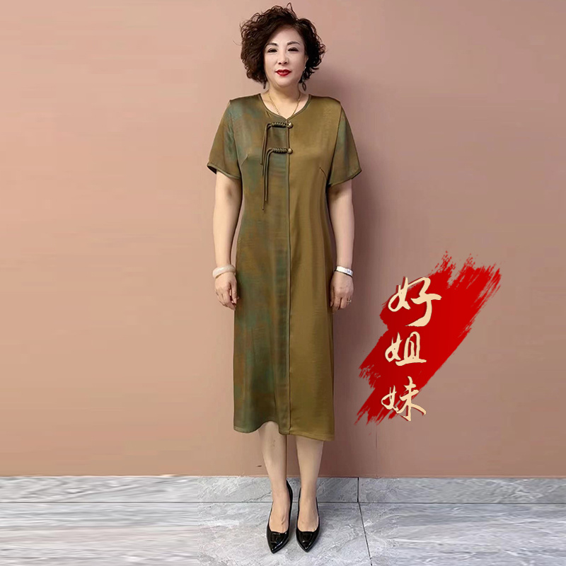 H夏季新款高档真丝气质时尚洋气中老年妈妈国风旗袍连衣裙拼接