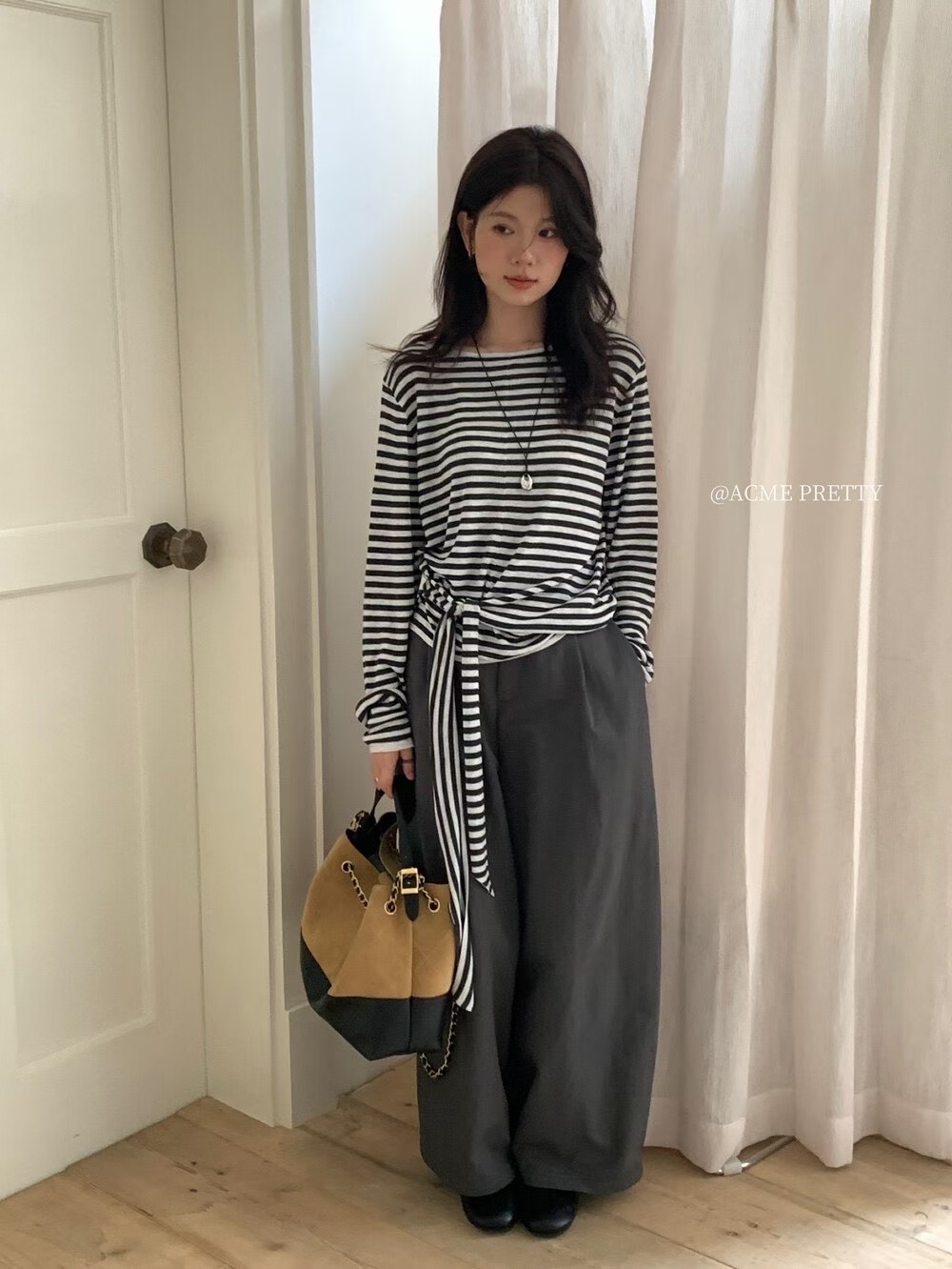 设计款条纹衫T恤拼接圆领百搭条纹长袖通勤